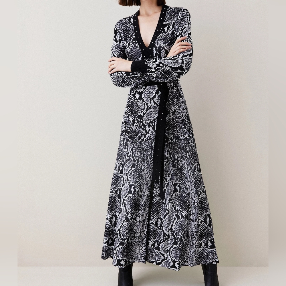 Karen millen Space Dye Slinky Knit Animal Jacquard Maxi Dress sz S